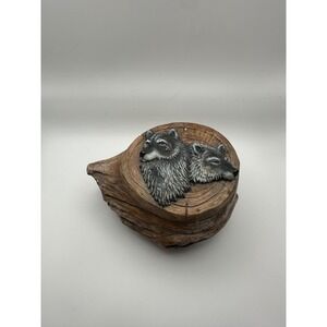 Vintage 1996 Joy Hand Painted Ceramic Wolf Trinket Box Rustic Faux Wood Burl 7in